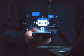 ai chatbots with virtual assistant tools and icons representing business, technology, and customer s