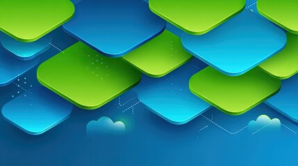 Abstract layered green and blue squares with digital cloud elements representing technology data storage and modern design concept