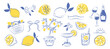 © Nataliia - Set of lemon fruit icon in hand drawn blue and yellow doodle style. Summer vector illustration with citrus, glass, tree, bow. Lemon design for poster, menu, wedding invitation