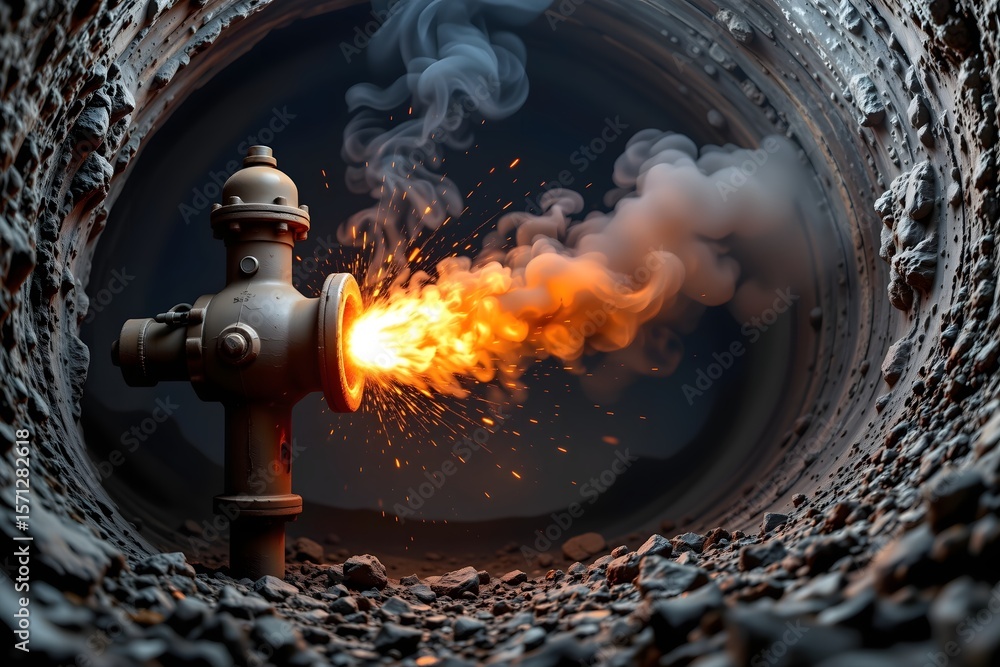 ภาพถ่าย Stock Fiery Hydrant Inferno: A dramatic close-up shot reveals a ...