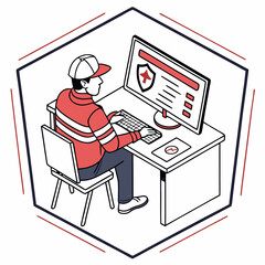 Isometric Illustration of Man Working at Computer with Security Shield on Screen