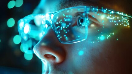 developer programmer wears glasses working on computer looking at programming code data security digital tech reflecting in spectacles developing software program