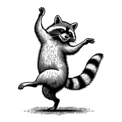 Wall Mural - cheerful raccoon dancing, full of charm and playfulness sketch engraving generative ai png illustrat