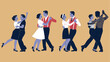 © TrendyImages - Four Couples Dancing Together in Retro Style, Illustration of Swing, Ballroom, and Latin Dances