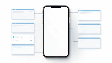 Mockup Smartphone displaying blank screen connected to multiple digital windows, showcasing seamless data integration and mobile connectivity.