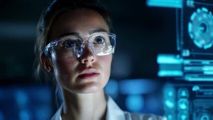Wall Mural - female scientist wearing safety glasses interacting with a futuristic transparent display in a dark 