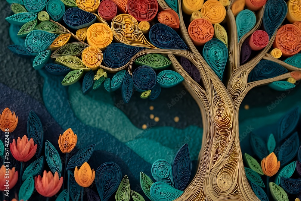 Paper Tree Bloom Vibrant quilled paper tree with colorful blooms and lush foliage in a ...