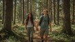 © mian - A smiling couple hiking hand in hand through a dense forest with tall trees and a dirt path in the daytime