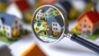 © Wattana - A magnifying glass focusing on a miniature model of a house with a green roof and yellow trees, surrounded by other miniature houses and a blurred background.