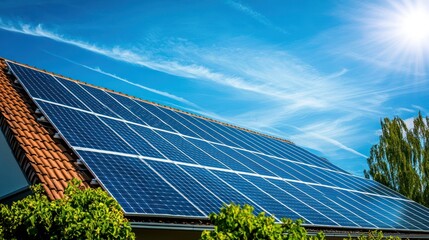 A solar panel array installed on a roof with a clear blue sky in the background.