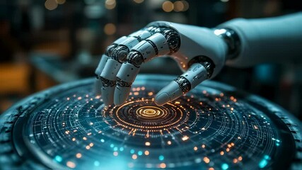 Robotic hand interacting with a futuristic technology interface, concept of AI