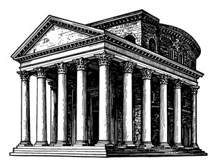 Wall Mural - ancient roman pantheon temple side view cartoon style black and white outline line art drawing