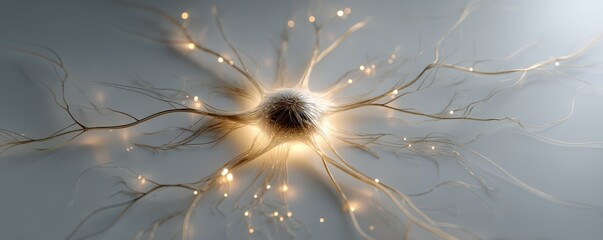 Wall Mural - digital artwork of a glowing neuron with intricate golden fibers