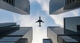Commercial airplane flying overhead between tall glass skyscrapers in modern financial district. Urban aviation and business travel concept from low angle view.