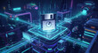 © Mahes - Retro-futuristic digital cityscape centered around a glowing floppy disk, showcasing interconnected technology and nostalgic computing elements.