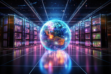 High-tech environment of an exascale datacenter emphasizing global connectivity