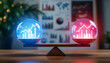 © PrusarooYakk - Two glowing spheres with financial graphs inside balance on a seesaw, representing comparison and equilibrium in data or market analysis.