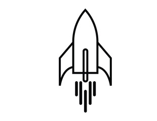 Simple black line art rocket ship launching with exhaust trails isolated on white background