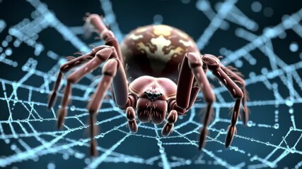 Realistic 3d animation of a spider on a glowing web representing the internet or a digital network concept
