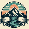 © ROBERTO MANUT - Scenic mountain range with a winding river evokes nature and adventure in a minimalist circular design ideal for branding and logos.