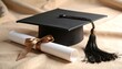 © Dreamera - Graduación académica con birrete y diploma sobre fondo de madera iluminado por luz natural cálida