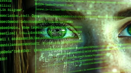 Futuristic vision with digital code overlay on a woman's face, conveying technology concept