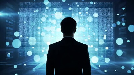 Business professional silhouette facing digital technology wall with data code and light effects. Futuristic cyber innovation concept for artificial intelligence, machine learning, and transformation.