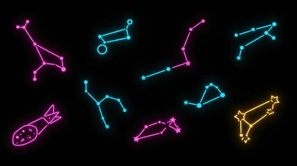 Wall Mural - Neon Constellations: Repeating Seamless Pattern on Black Background for Design