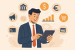 © Ciara - Businessman using tablet for online banking, digital marketing and financial management. Fintech concept with icons for investment growth, currency exchange and e-commerce.