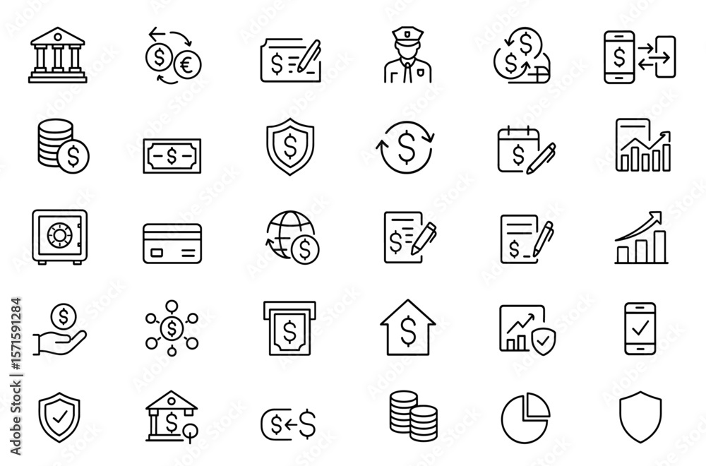 Editable bank and financial services icon set, currency exchange chequebook security guard money transfer loan mobile banking transaction symbols, business finance icons, vector illustration.