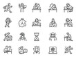 © aura studio - Workaholic workaholism icon set, editable line art illustrating burnout, busy fatigue, stress overload, multitask pressure, productivity challenge, addiction, habit vector illustration, png.