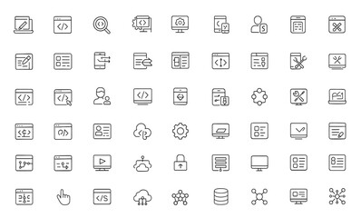 Software development editable line icon set, vector illustration, editable stroke, programming, coding, technology, software engineering, UI design, app development, interface, workflow