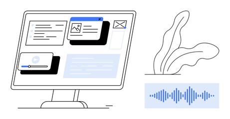 Computer monitor displaying multimedia content, notifications, and text, alongside audio waveform and abstract plant. Ideal for technology, web design, media, communication, audio tools digital