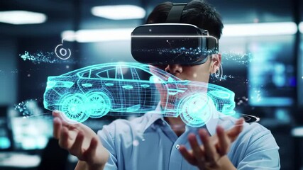 Virtual reality automotive design experience. Professional engineer using vr headset to interact with holographic car prototype. Digital visualization technology for vehicle development, engineering