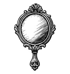 Wall Mural - ornate hand mirror with decorative frame in detailed black and white engraving style