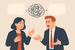 © Clara - Communication problem concept. Business people arguing. Conflict and misunderstanding between colleagues. Man and woman in a chaotic discussion with tangled thoughts. Vector.