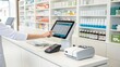 © MD ISMAIL - Pharmacy counter showcases a digital point of sale system with shelves stocked with medicine in the background