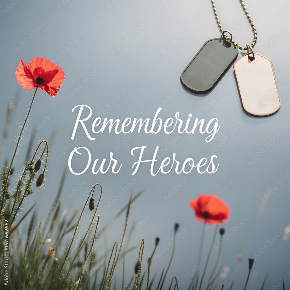 Remembering Our Heroes. Two military dog tags and poppy flowers. A ...