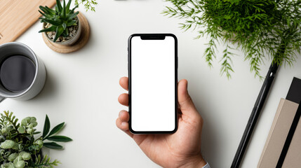 cell phone blank white screen mockup.hand holding texting using mobile on desk at office.background empty space for advertise.work people contact marketing business,technology
