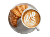Flatlay of Breakfast Latte Art Coffee and Croissant on white Background