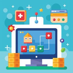Colorful cartoon illustration of computer screen with abstract application icons and various design elements