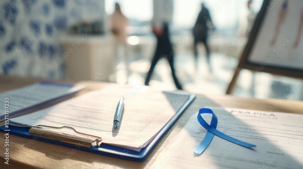 Blue ribbon awareness campaign documents on desk in professional ...