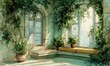 © Hafiz - Watercolor depiction of a light-filled, vine-covered interior space