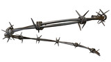 Barbed wire strand presents a stark barrier, with sharp prongs against a solid transparent background, perfect for security or isolation concepts.