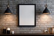 © Pavel - Blank black menu frame positioned centrally on a brick wall, illuminated by warm pendant lights, creating a cozy ambiance in a restaurant setting