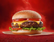 © Faheem - Delicious burger hamburger grill restaurant snack juicy bread meat develop digital effect fantasy futurism generative ai red background