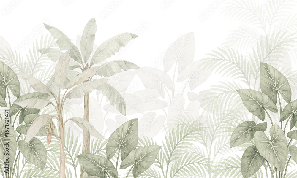 Muted green banana leaf mural – tropical jungle botanical wallpaper in ...