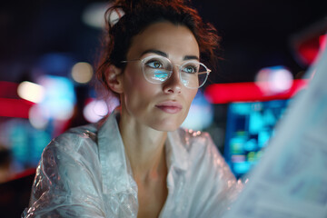 focused young woman with glasses analyzing data on a screen in a modern tech environment at night