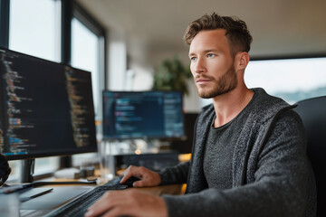 Focused young software developer working on coding projects in a modern office with multiple computer screens