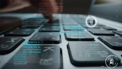 Wall Mural - time lapse of man working on laptop computer keyboard with graphic user interface gui hologram showi